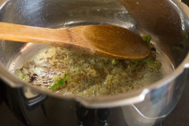 sautéing ginger-green chili paste with spices. 