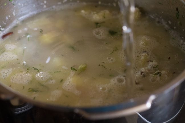 water added to the sama chawal-potato mixture. 