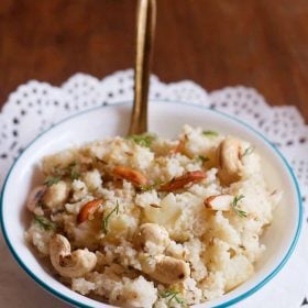 barnyard millet recipe of samak rice pulao served in a light blue rimmed bowl with a spoon inside it and text layovers.