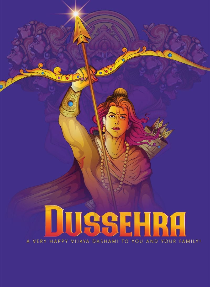 vector image of lord rama with a bow and arrow with text layovers