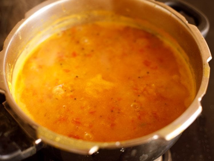 prepared tomato dal in the pressure cooker