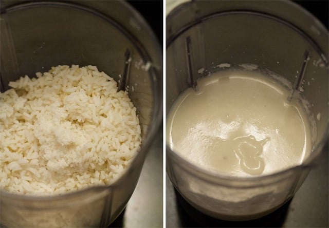 collage of two photos showing soaked idli rava, urad dal and ground batter in blender.