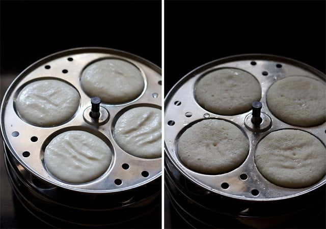 collage of two photos showing batter in moulds and steamed leftover rice idli in moulds. 