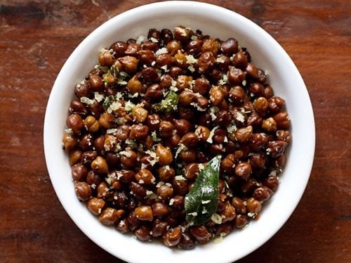 top shot of Black Channa Sundal served in a white bowl.
