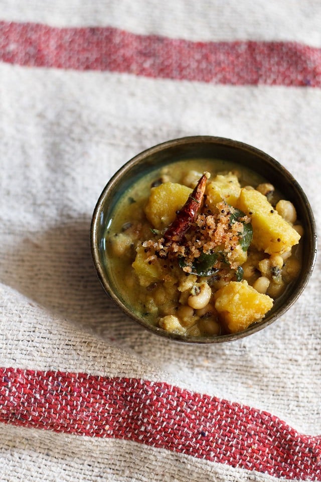 mathanga erissery served in a ceramic bowl.