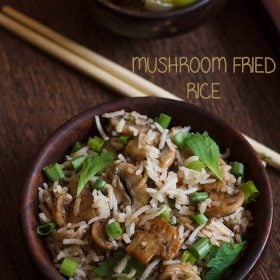 mushroom fried rice served in a black bowl with text layovers.