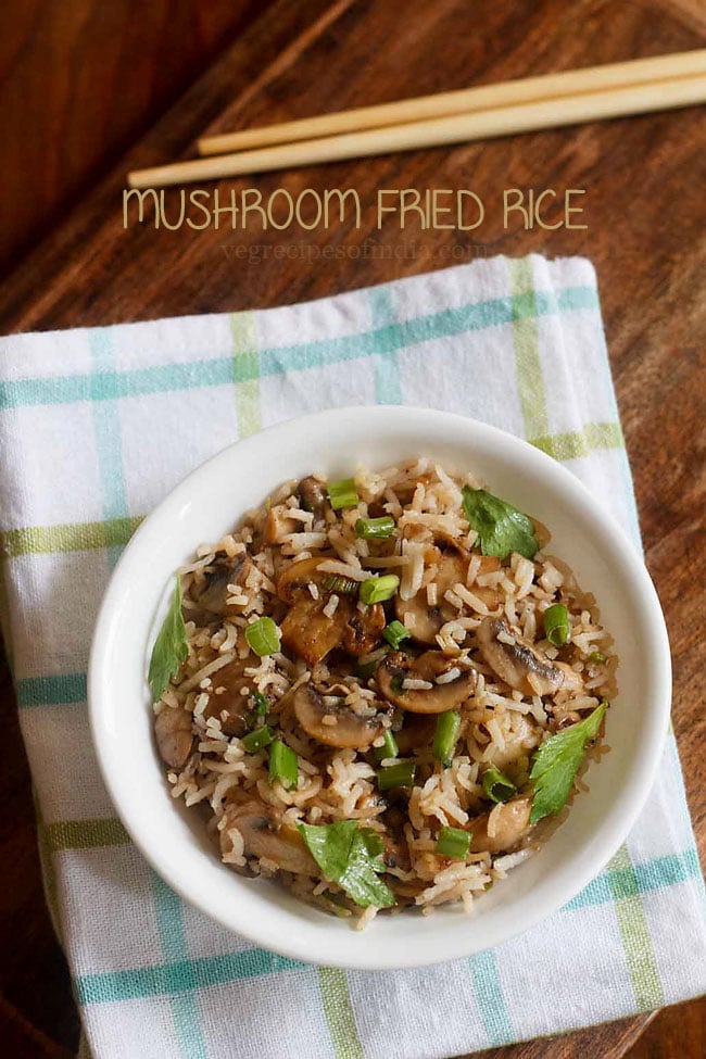 mushroom fried rice served in a white bowl