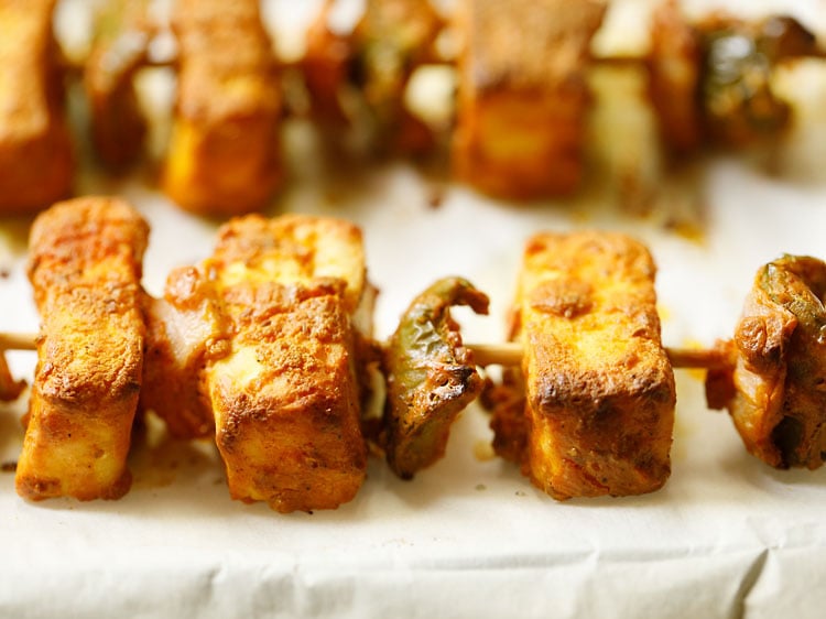 grilled paneer cubes out from the oven to make paneer tikka masala recipe.