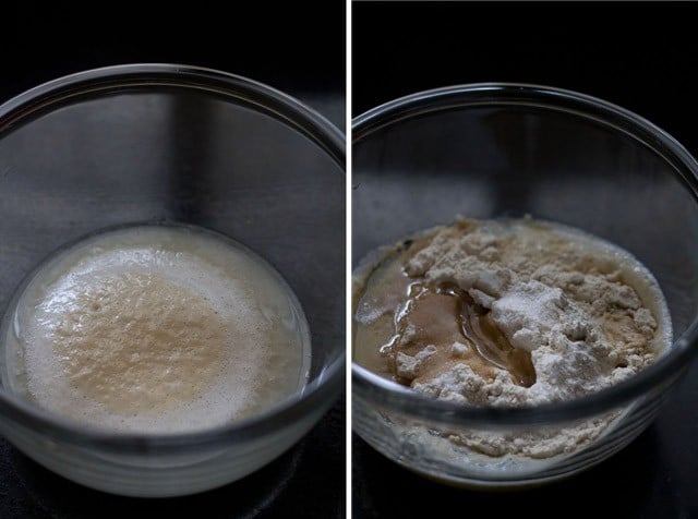 collage of two photos with oil, salt, flour added to proved yeast mixture in a bowl.