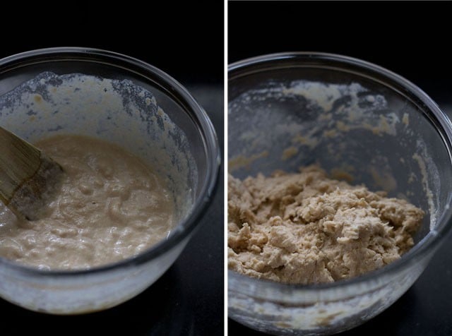 collage of two photos with stirring the mixture and adding more flour in the bowl. 