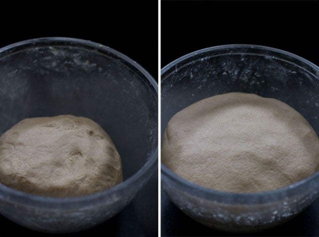 collage of two photos with mixture kneaded to a smooth, soft dough. 