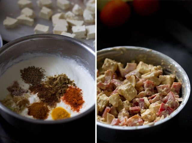 collage of two photos with spices, herbs, paneer, onion, tomatoes and bell peppers added in the yogurt to make the paneer tikka marinade. 