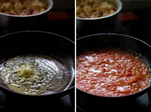 collage of two photos with pureed tomatoes sautéed with chopped garlic in hot olive oil in a pan. 