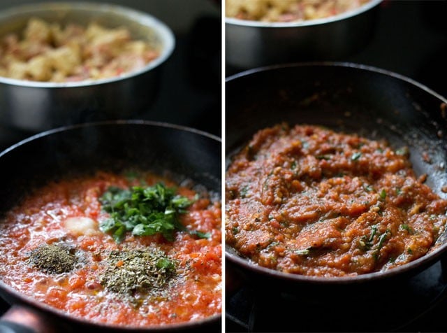 collage of two photos with chopped basil, dried oregano, black pepper and salt added to the pureed tomatoes to make the sauce.