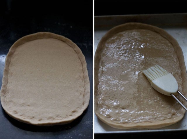 collage of two photos with dough divided and brushed with olive oil to make paneer tikka pizza.