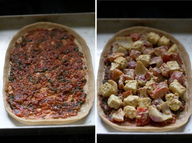 collage of two photos with pizza sauce and marinated paneer tikka mixture spread on the dough. 