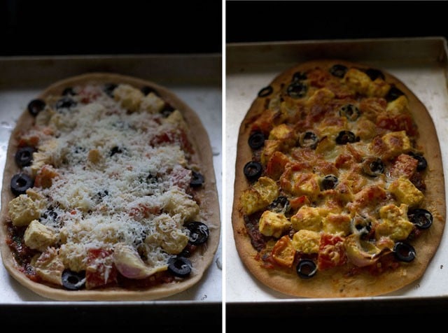 collage of two photos with grated mozzarella sprinkled on pizza and baked. 