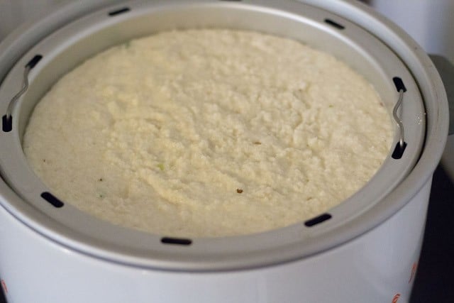 pan with suji dhokla batter in the steamer