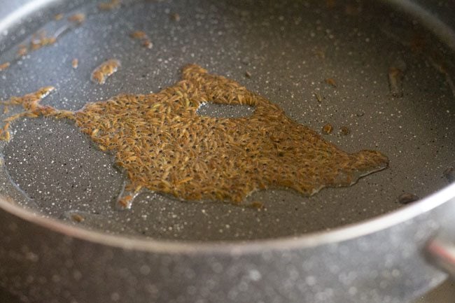 cumin seeds spluttering in hot ghee. 