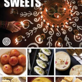 collage of diwali sweets with text layovers.