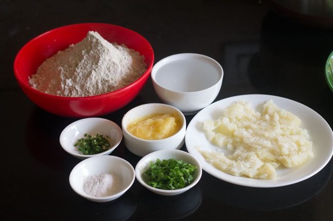 ingredients in bowls to make kuttu ka paratha