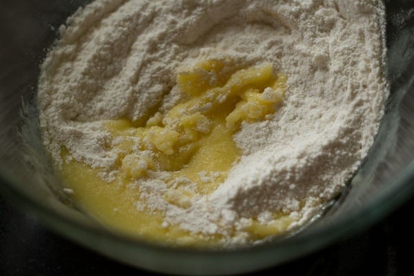 top shot of cookie dough mixture in mixing bowl.