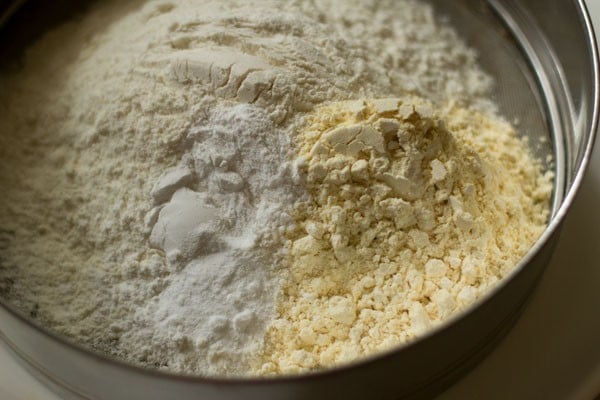 top shot of dry ingredients for baking recipe in mixing bowl.