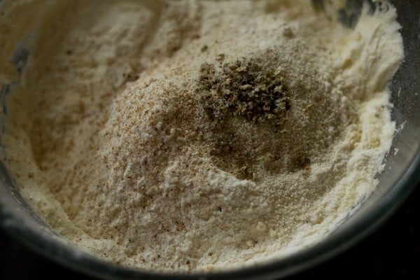 top shot of dry ingredients mixture for cookie recipe.