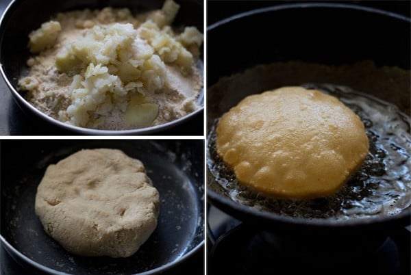 collage of making dough for rajgira puri, prepared dough and frying rajgira puri in hot oil.