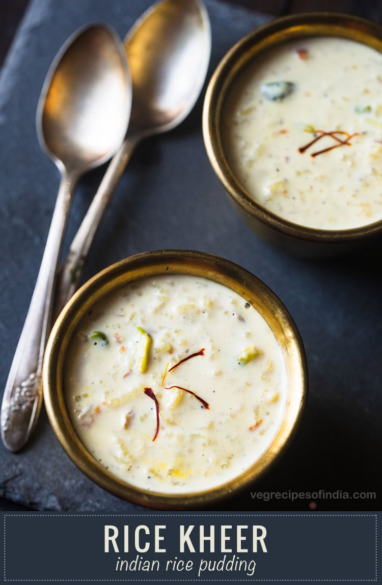 rice kheer served in individual bowls with 2 spoons kept on the upper left corner and text layovers.