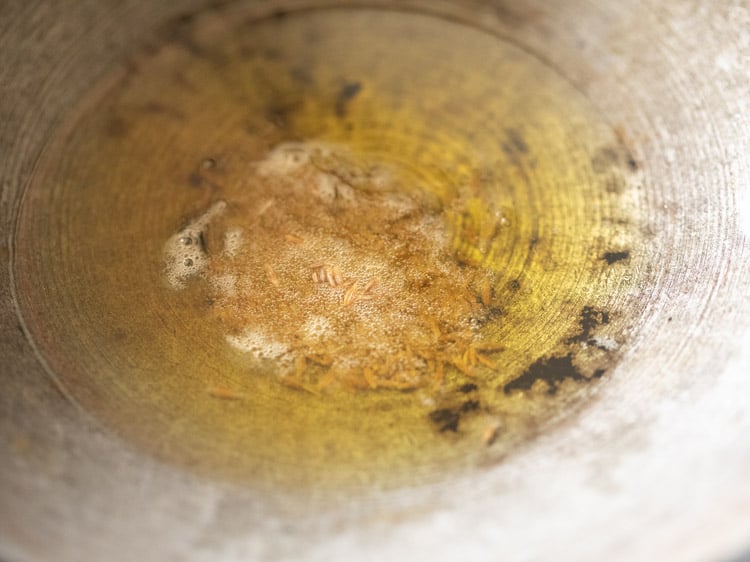 cumin seeds added to hot ghee.