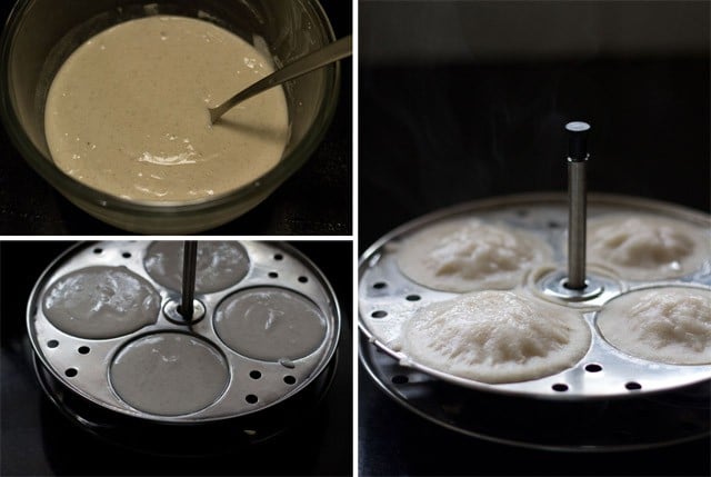 sama idli batter, sama idli batter poured idli mould, steamed sama idlis in the idli mould fitted in a stand.