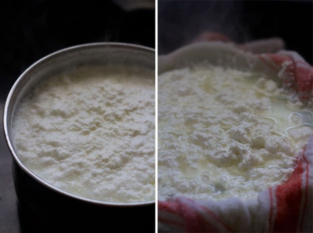 collage of curdled paneer in a bowl