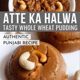 collage of wheat halwa garnished with cashews and text layovers.
