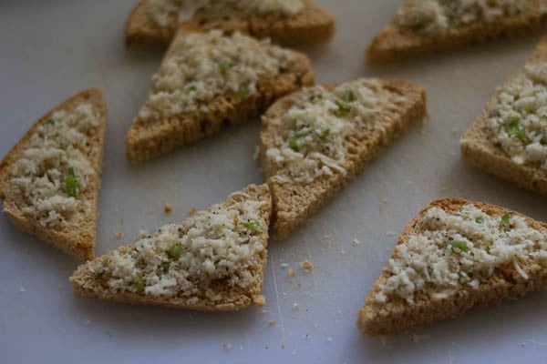 lightly toasted bread topped with butter and the chilli cheese mixture.