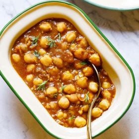 Instant Pot Chana Masala in a rectangle shaped bowl