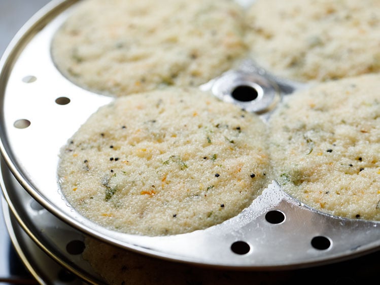 steamed rava idli in idli moulds. 