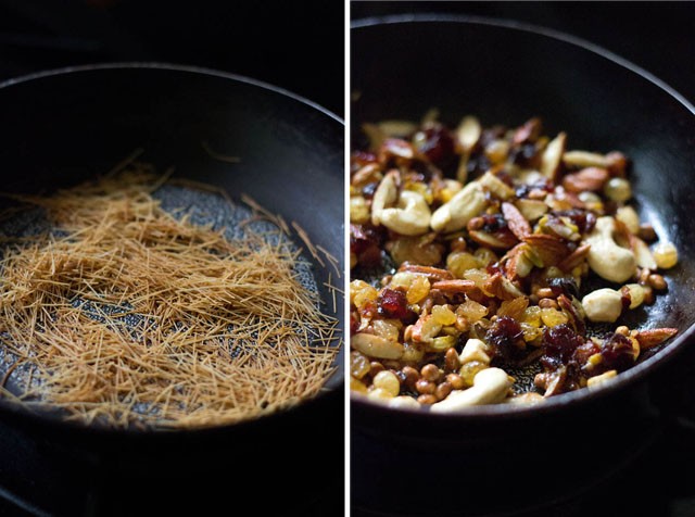 collage of roasting vermicelli and nuts, dry fruits in a black pan