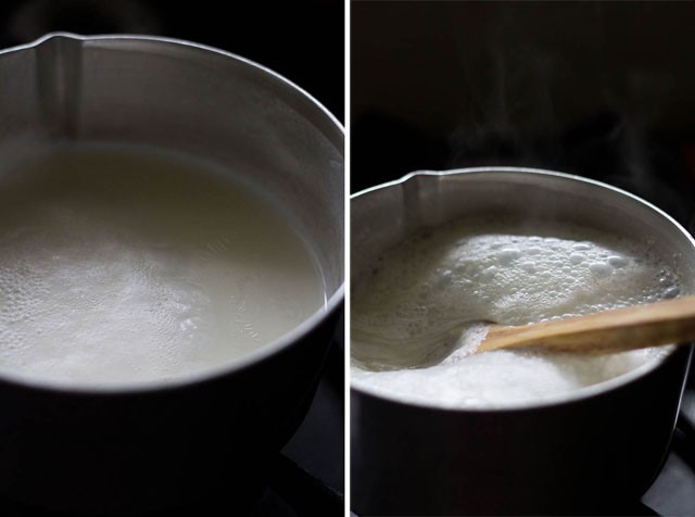collage of milk being heated and boiling milk being stirred in a sauce pan