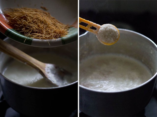 collage of roasted vermicelli and sugar being added to milk