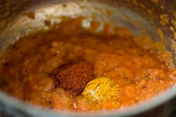 chili powder, turmeric and asafoetida added to masala