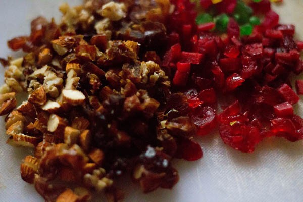 chopped nuts and dry fruits for wine cake. 