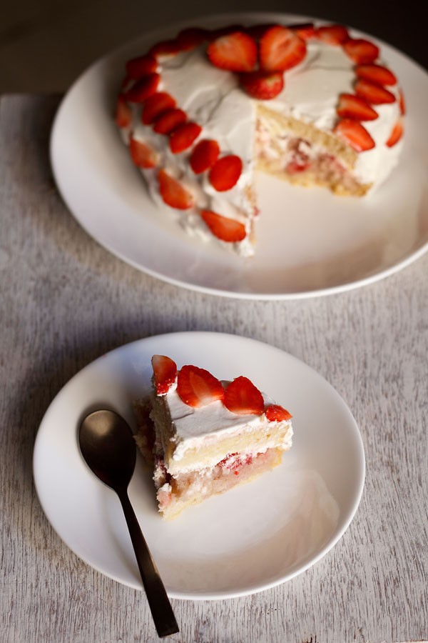 eggless strawberry cream gateau cake served on a plate