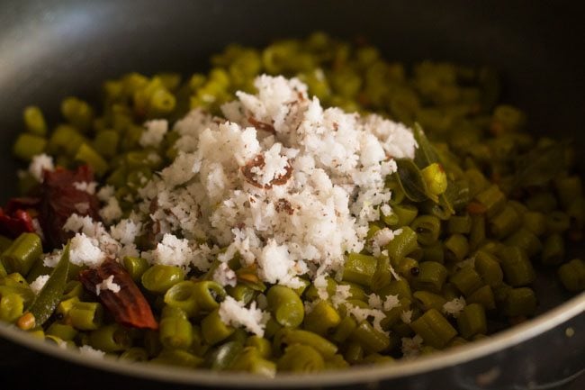 fresh coconut added to french beans poriyal