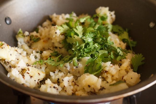 chopped coriander leaves added to the potato podimas recipe.