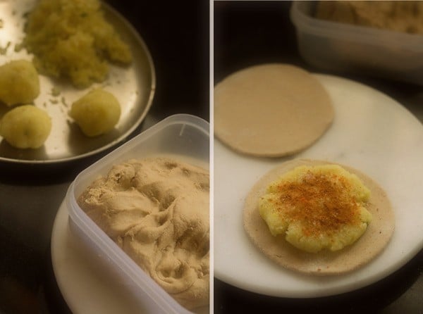 preparing aloo gobi paratha. 