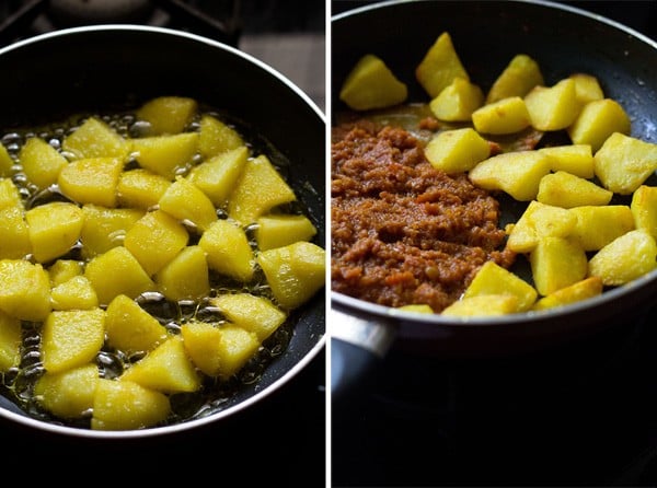 frying potatoes and masala with fried potatoes. 