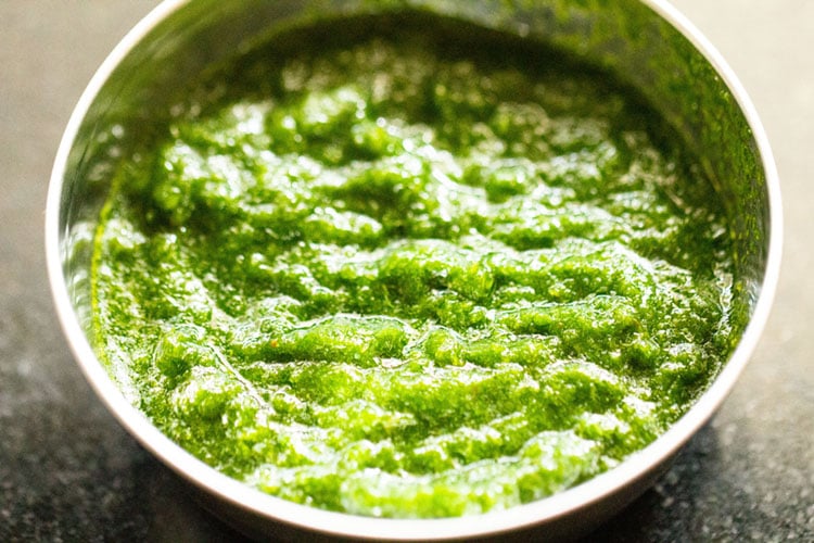 green chutney in a steel bowl for grilled sandwich