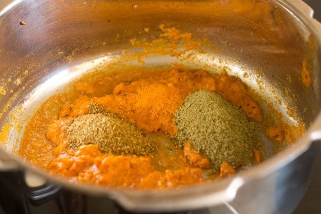 ground spices added to the masala paste for making potato peas kurma recipe.