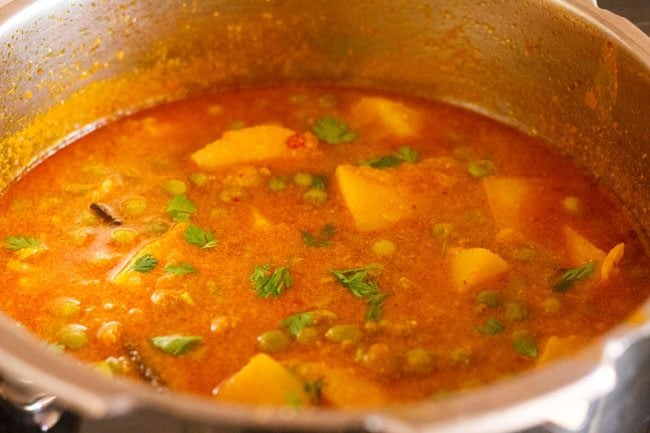 potato peas korma garnished with cilantro leaves in the pot.